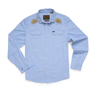 Howler Brothers Mens Crosscut Deluxe Snapshirt Fanned Flora: Faded Blue Oxford