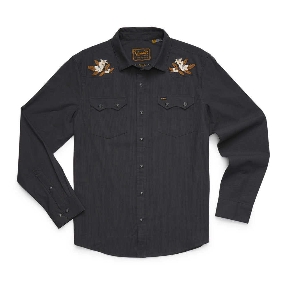 Howler Brothers Mens Crosscut Deluxe Snapshirt Orange Blossoms: Antique Black