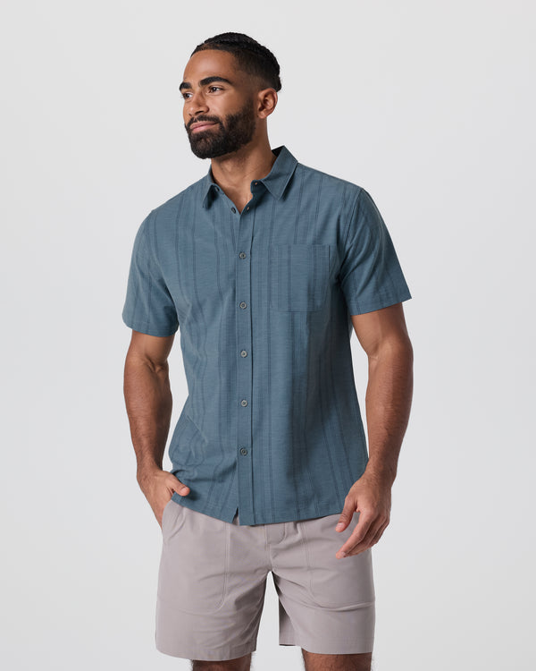 Vuori Mens Short Sleeve Bridge Button-Down LSS Light Deep Sea Stripe