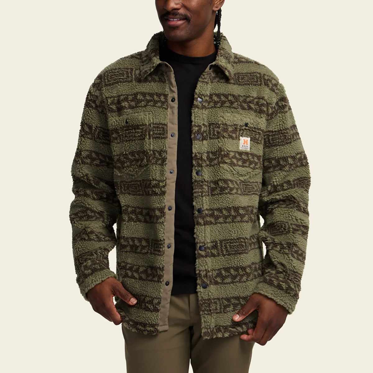 Howler Brothers Mens Allegheny Fleece Overshirt Hanko Stripe : Lichen Green / Croc Brown