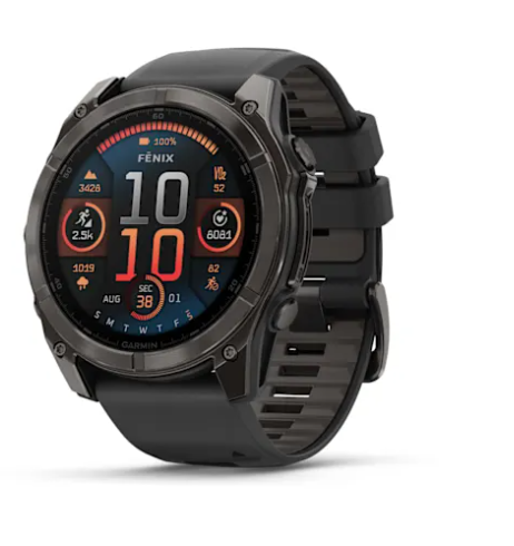 Fenix 8 – 51 mm, AMOLED, Sapphire, Carbon Gray DLC Titanium with Black/Pebble Gray Silicone Band