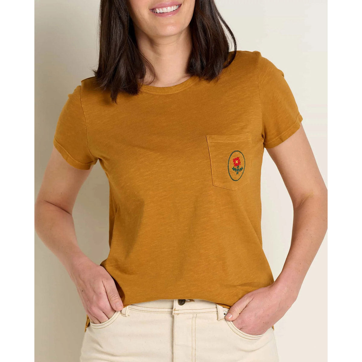 Toad&Co. Women's Primo Short Sleeve Crew Embroidered Pocket Cross Stitch