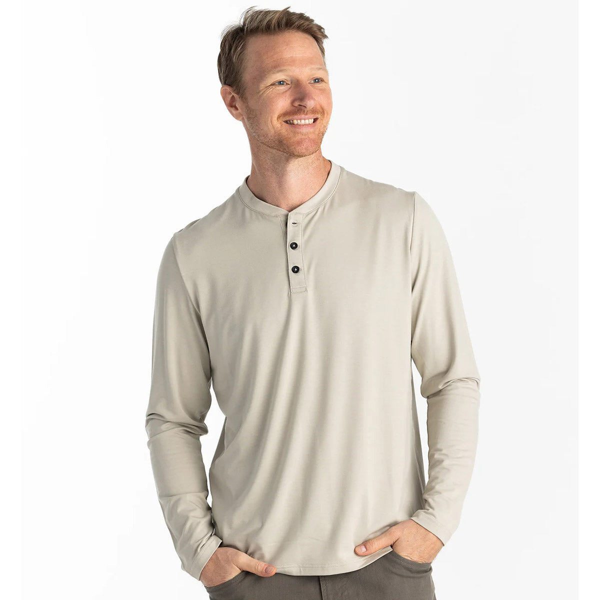 Free Fly Apparel Men's Bamboo Flex Long Sleeve Henley andstone / S
