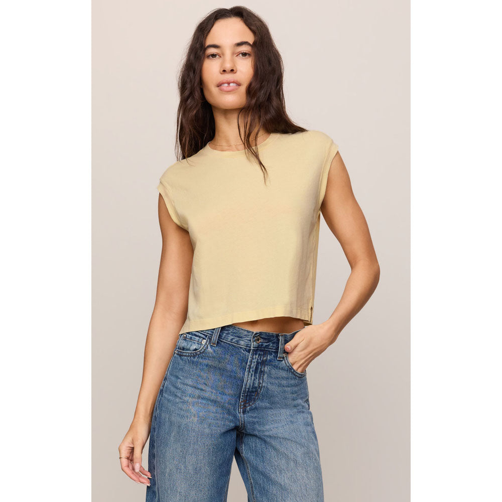 Z Supply Womens Flex Cropped Muscle Tee Lemon Chiffon