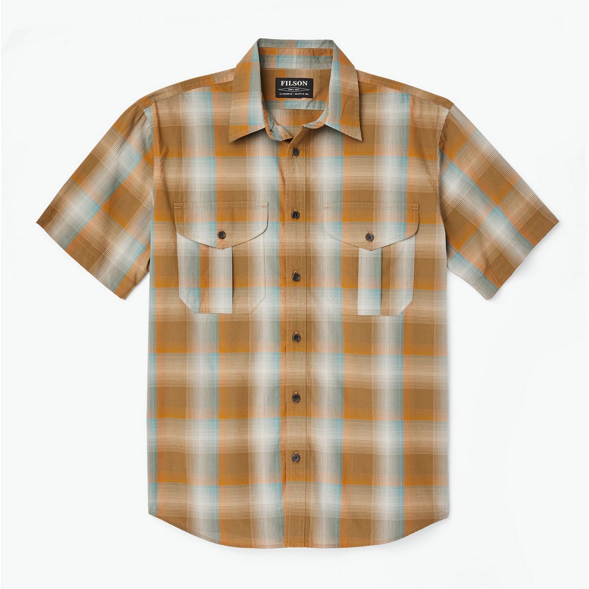 Filson Men's Feather Cloth Short Sleeve Shirt Dark Gold/Pine Plaid